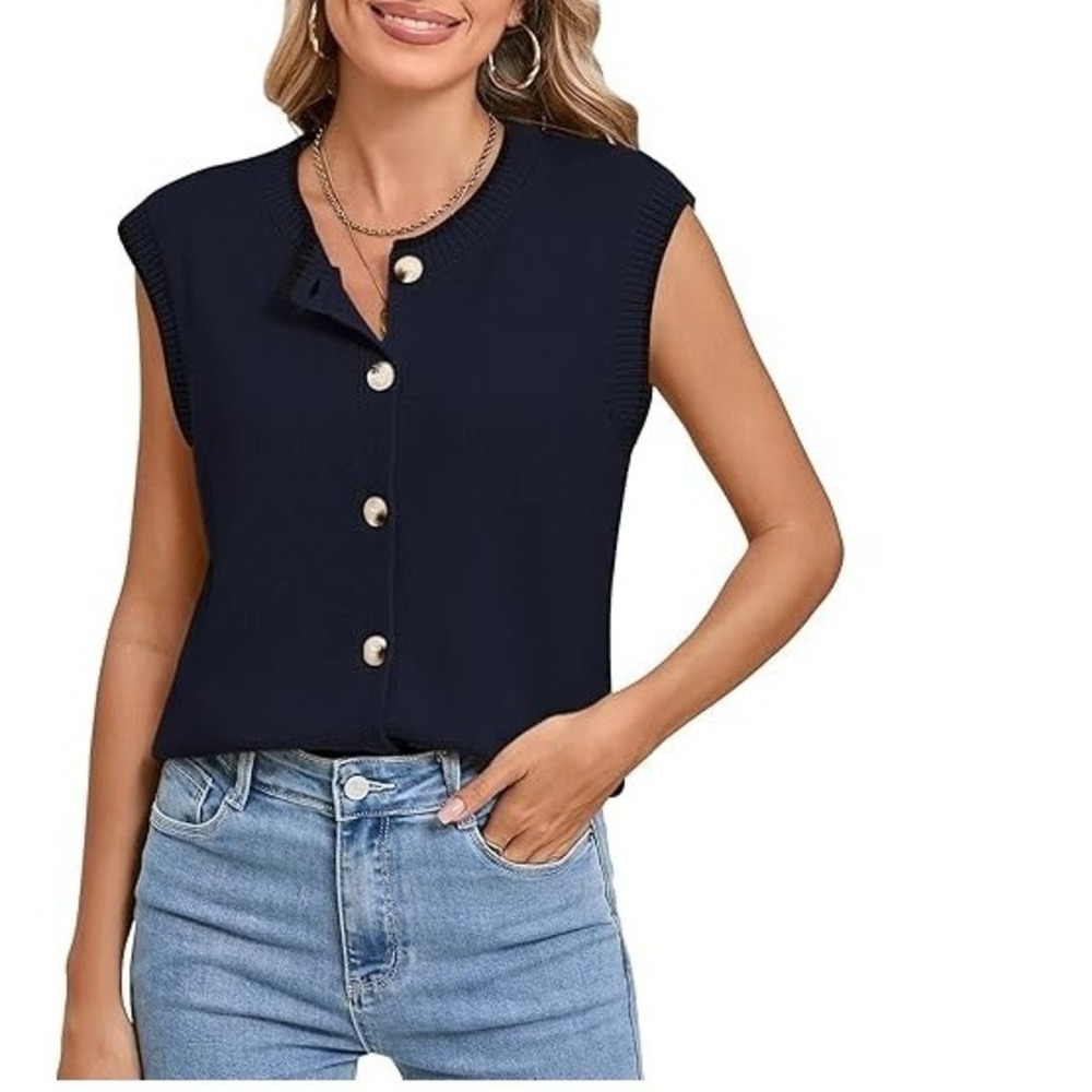 Pink Queen Women's Sweater Vest Sleeveless Tank Tops Casual Crewneck Button - SM